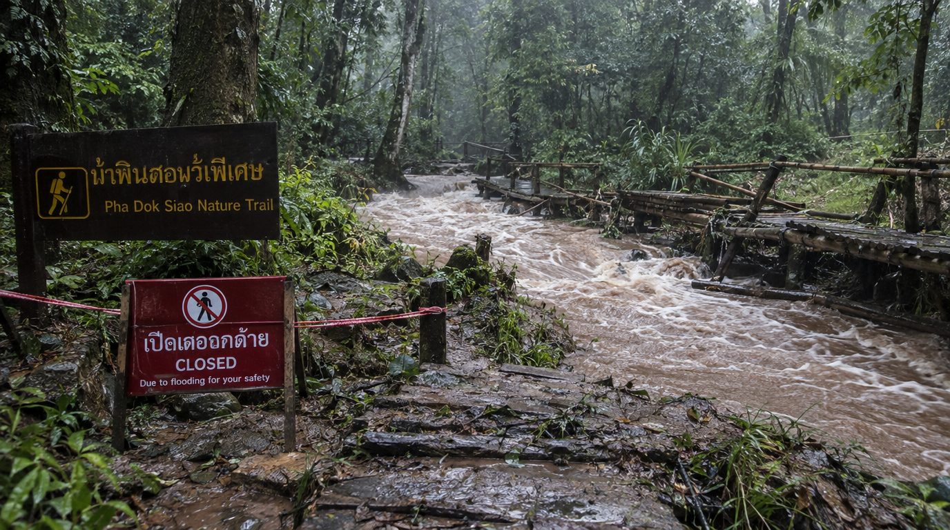 Паводки в Дой-Интханоне: парк временно закрыл тропу Пха Док Сиао и водопад Мае Я
